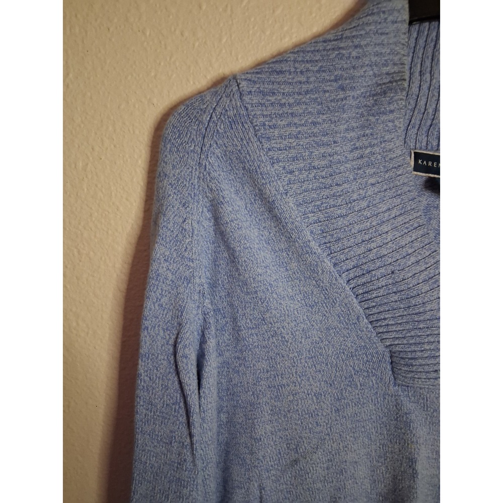 Karen Scott Powder Blue Shawl Collar V-Neck Knit Sweater Old Money Cozy Pullover - Picture 4 of 5